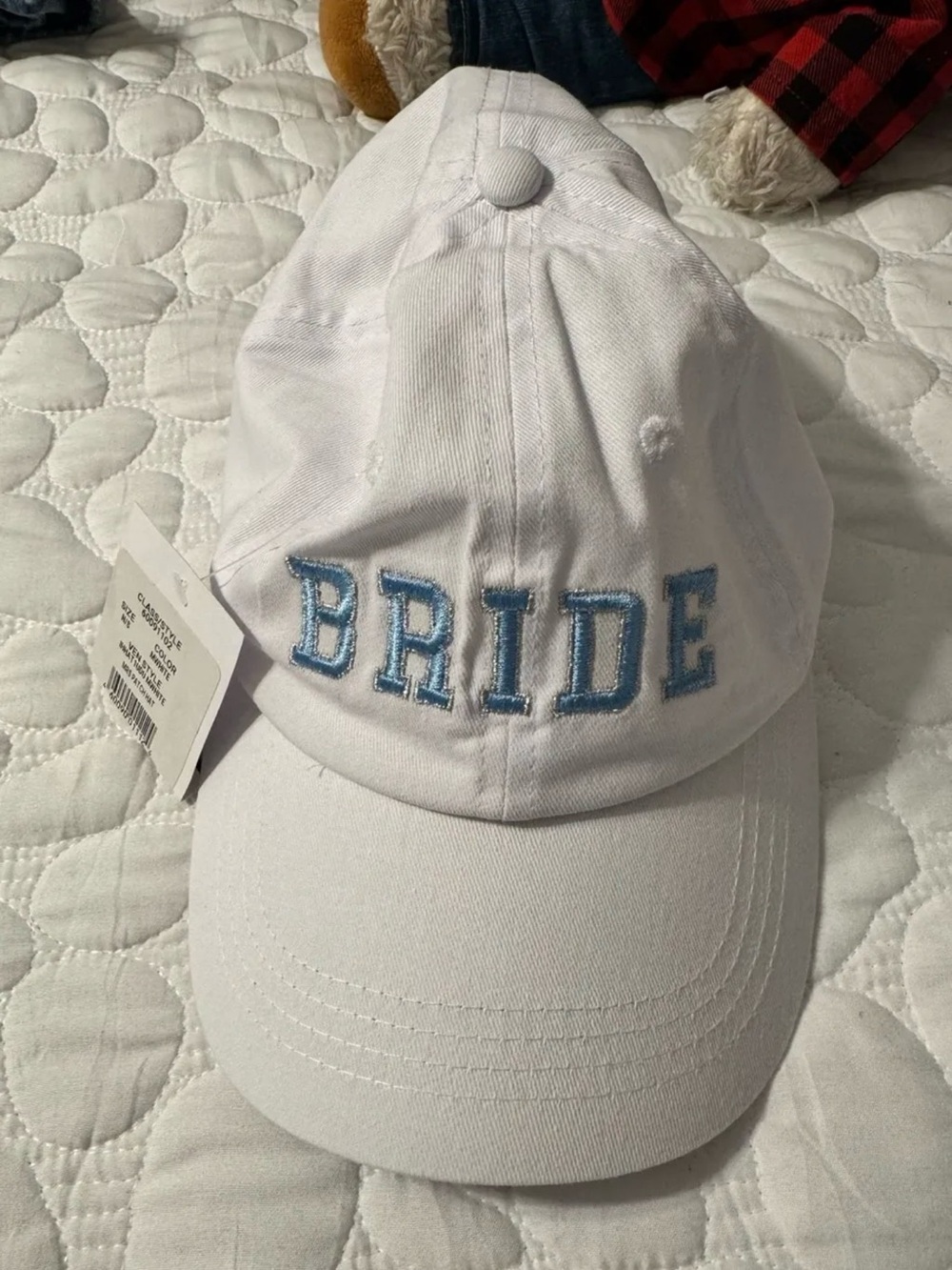 David's Bridal White 'BRIDE' Baseball Cap with Light Blue Embroidery